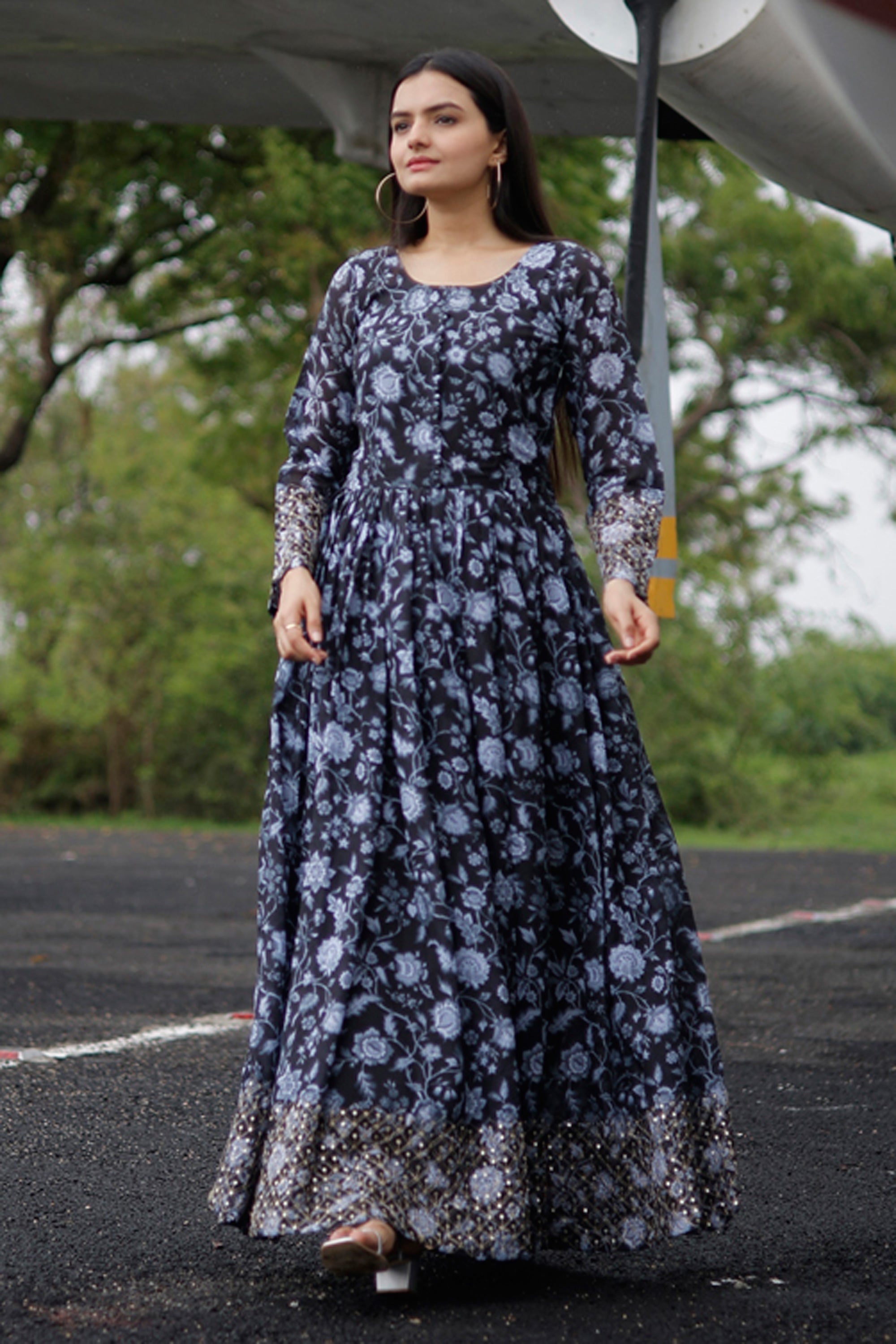 Floral Printed Black Color Readymade Gown