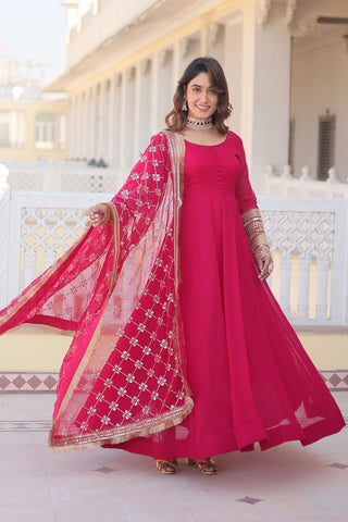 Pink Color Exquisite Function Wear Readymade Gown With Dupatta In Georgette Fabric