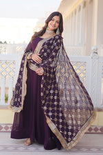 Load image into Gallery viewer, Attractive Georgette Fabric Wine Color Readymade Gown With Dupatta In Function Wear
