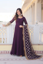 Load image into Gallery viewer, Attractive Georgette Fabric Wine Color Readymade Gown With Dupatta In Function Wear
