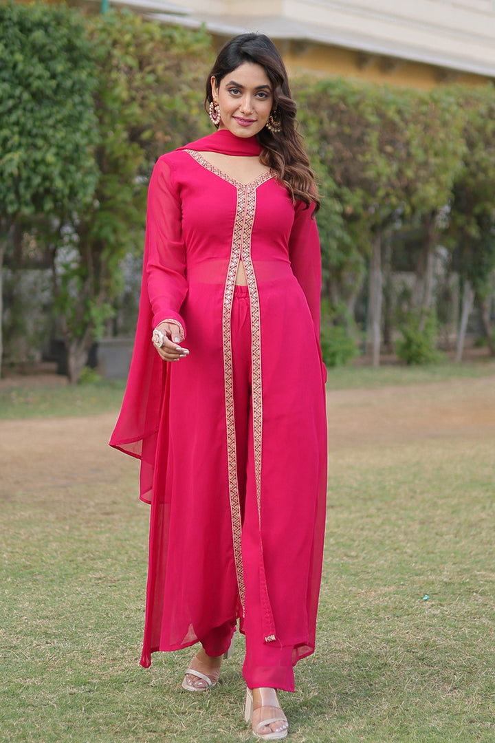 Pink Color Georgette Fabric Charming Party Wear Readymade Palazzo Suit