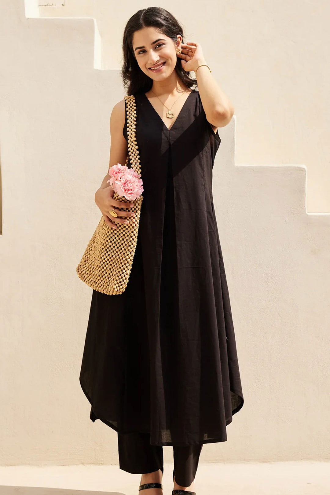 Glamorous Readymade Kurti With Bottom In Black Color Cotton Fabric | Buy Online India
