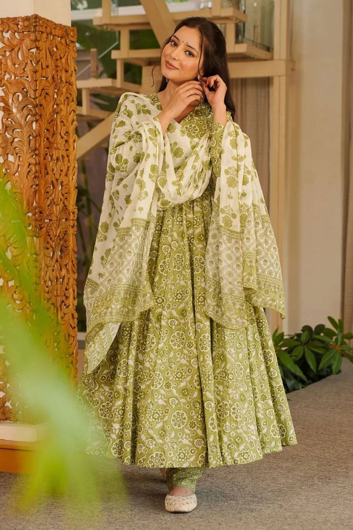 Sea Green Color Cotton Anarkali Style Readymade Salwar Suit | Buy Online India