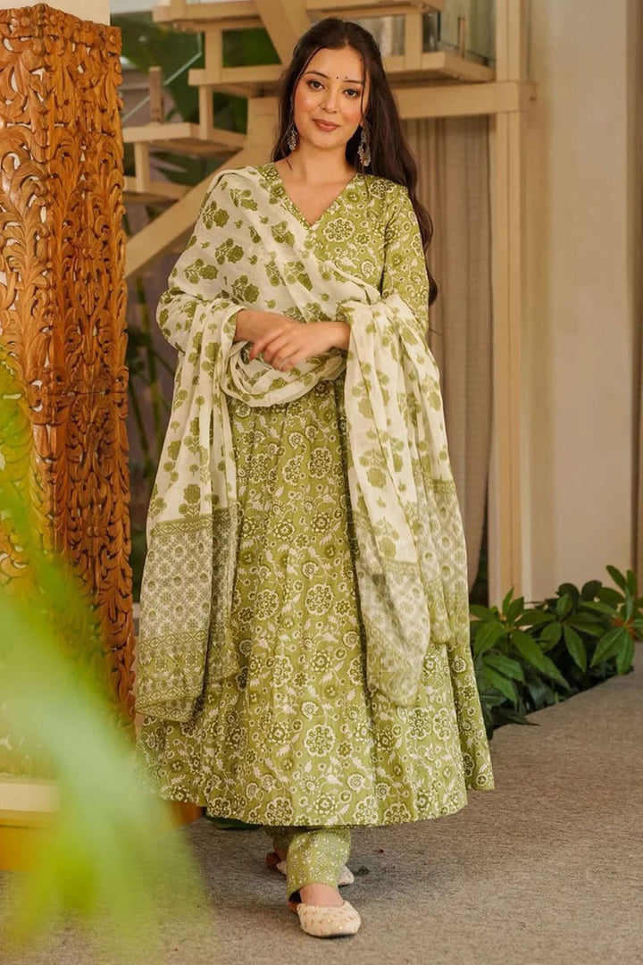 Sea Green Color Cotton Anarkali Style Readymade Salwar Suit | Buy Online India