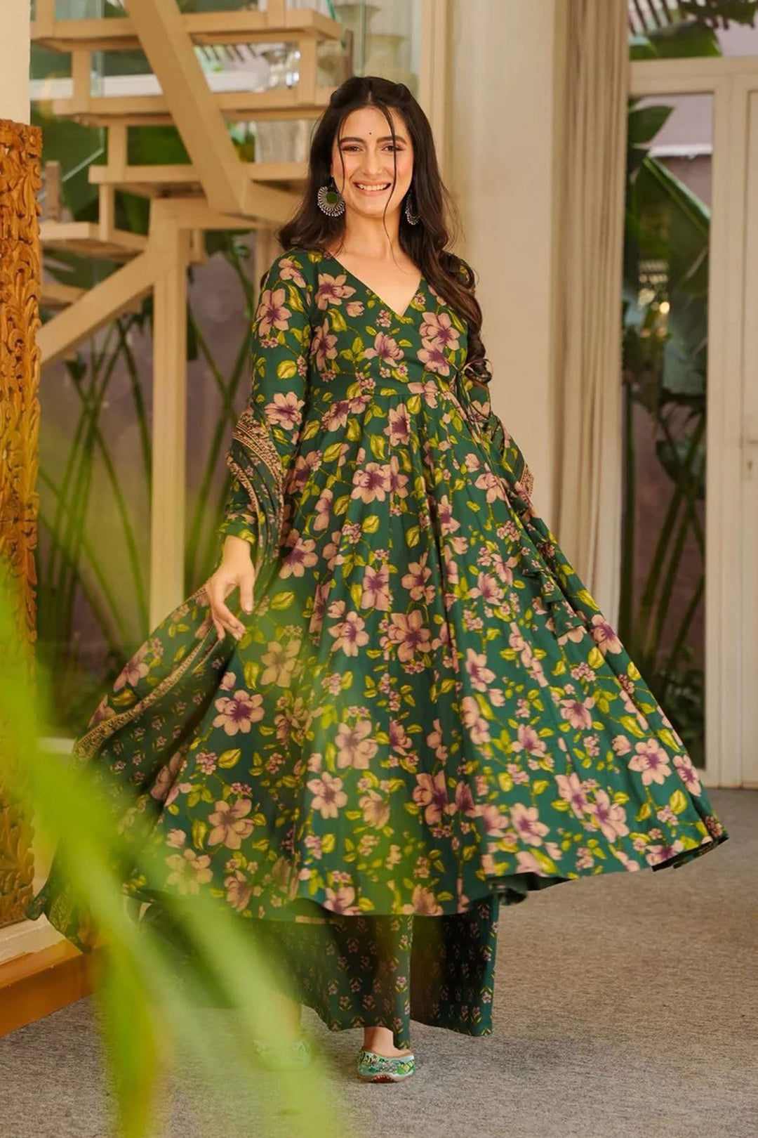 Trendy Green Color Cotton Anarkali Style Readymade Palazzo Suit | Buy Online India