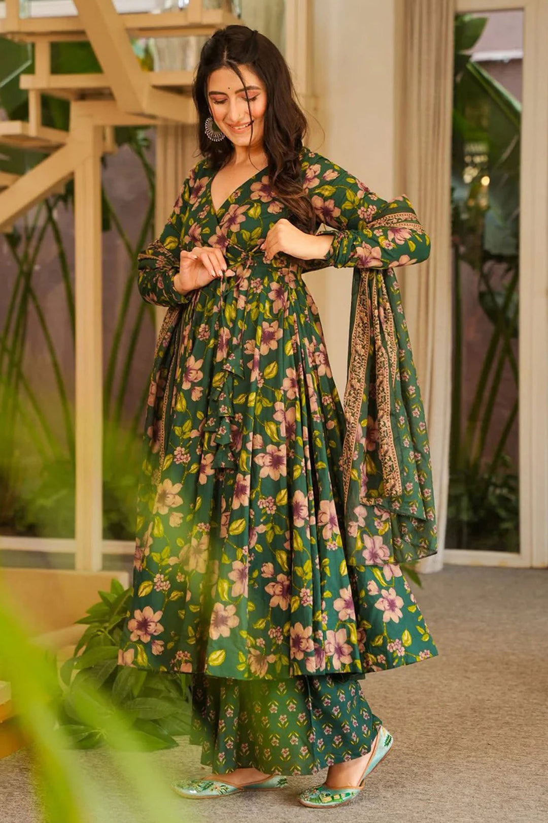Trendy Green Color Cotton Anarkali Style Readymade Palazzo Suit | Buy Online India
