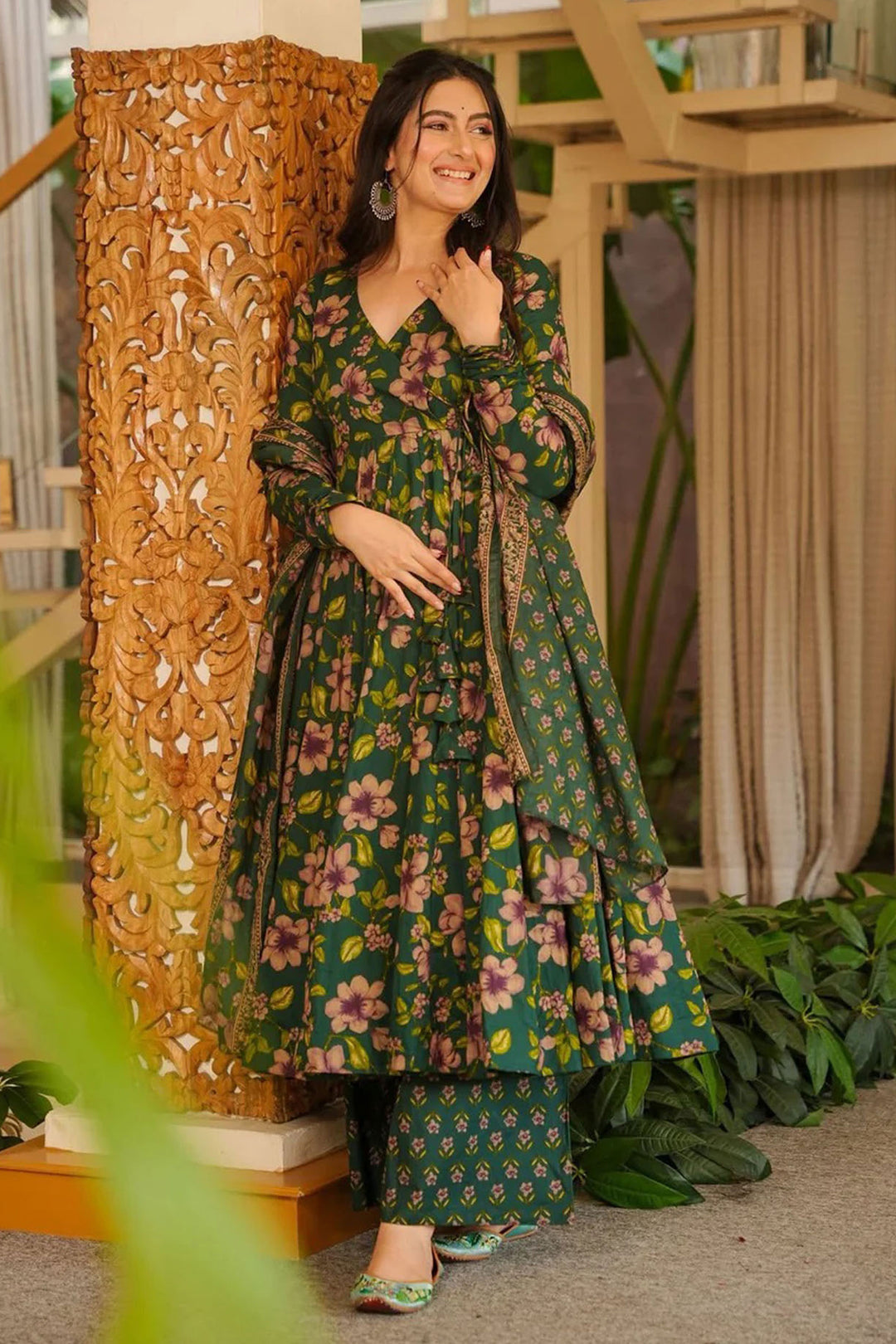 Trendy Green Color Cotton Anarkali Style Readymade Palazzo Suit | Buy Online India