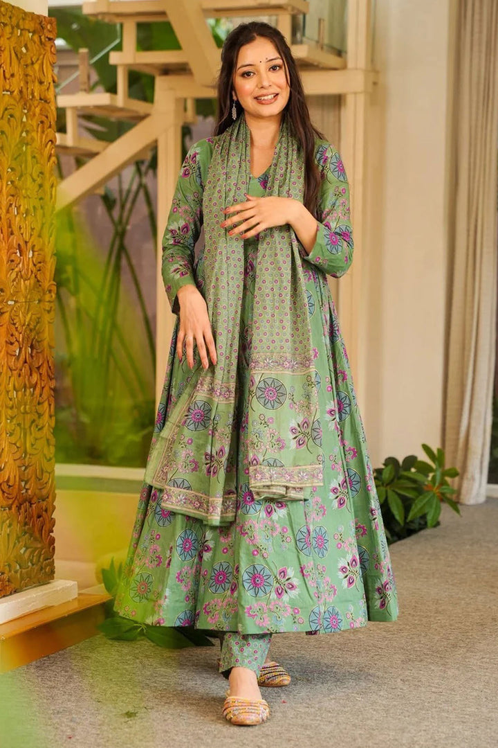 Cotton Fabric Sea Green Color Bright Anarkali Style Readymade Salwar Suit | Buy Online India