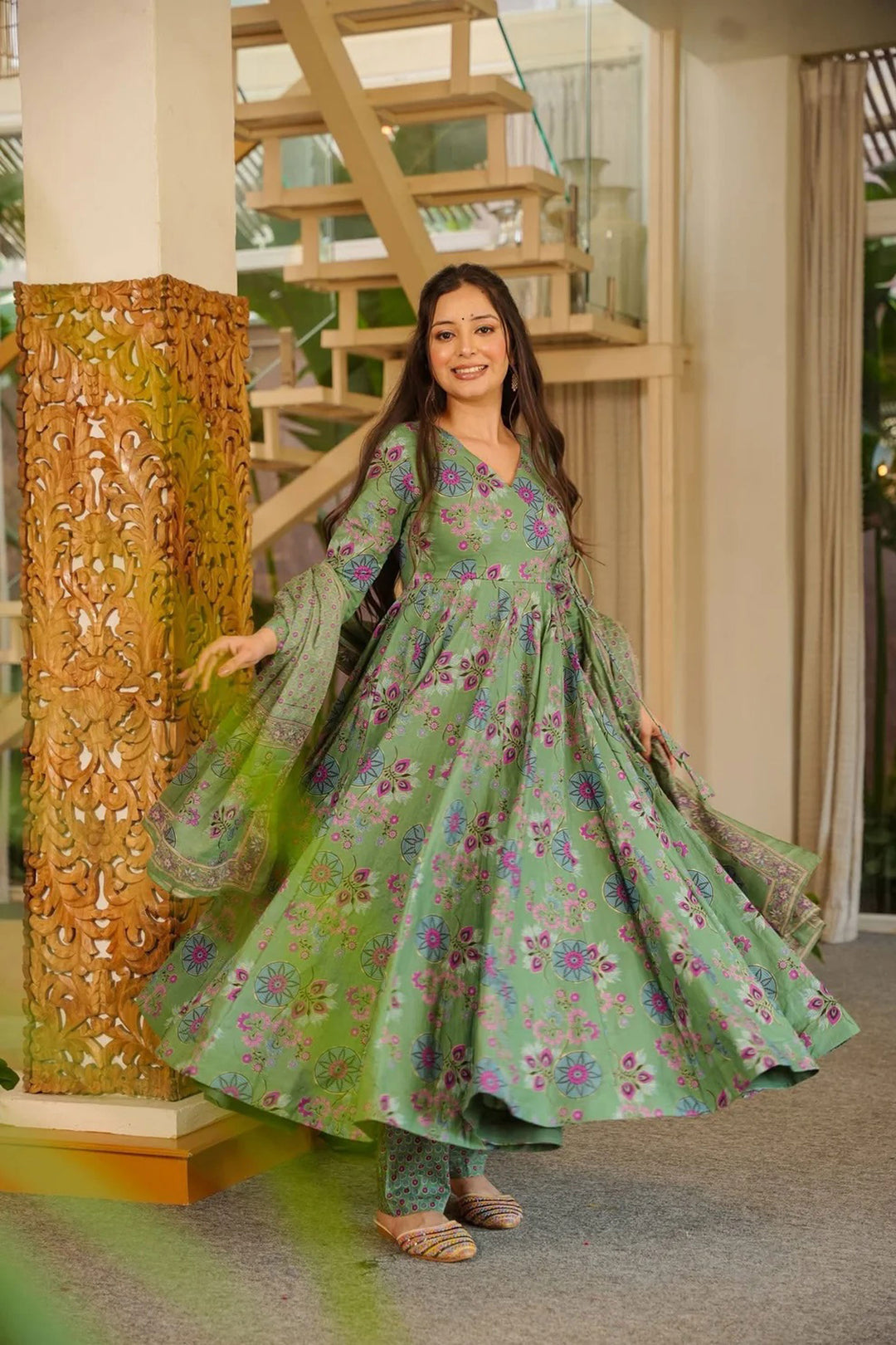 Cotton Fabric Sea Green Color Bright Anarkali Style Readymade Salwar Suit | Buy Online India