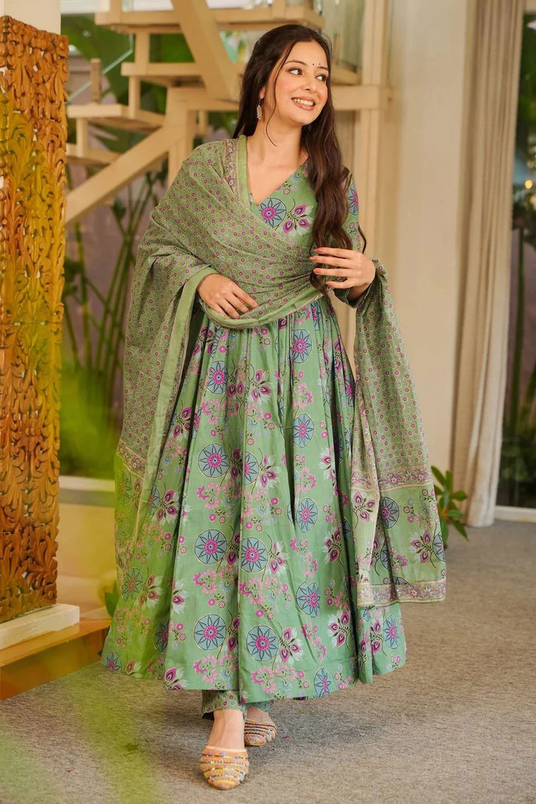 Cotton Fabric Sea Green Color Bright Anarkali Style Readymade Salwar Suit | Buy Online India