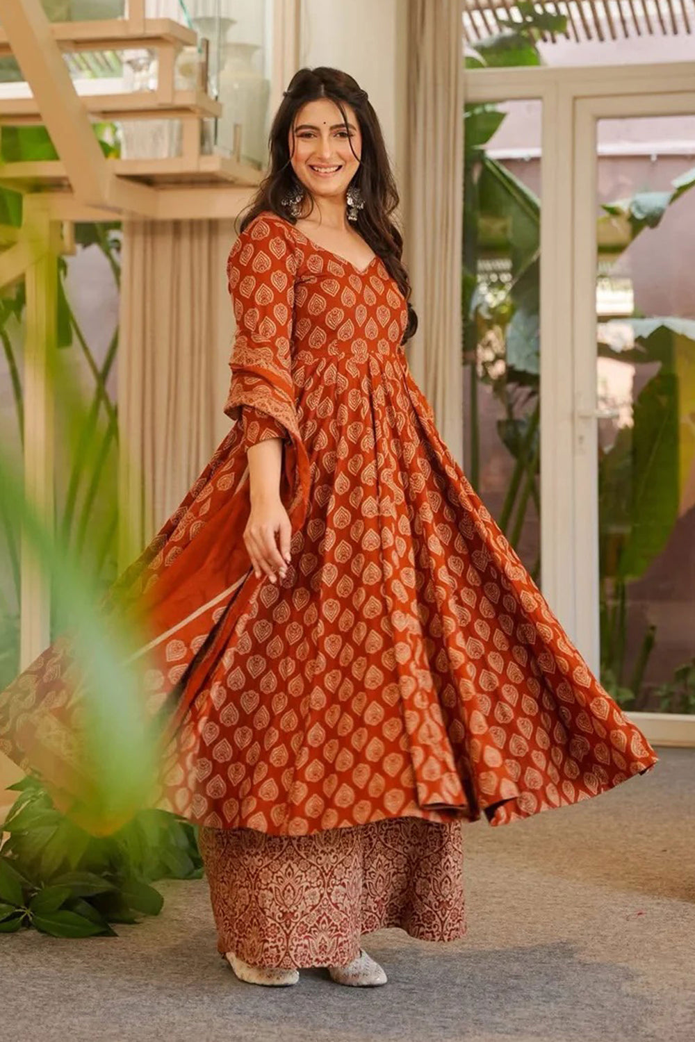Rust Color Cotton Fabric Elegant Anarkali Style Readymade Salwar Suit | Buy Online India
