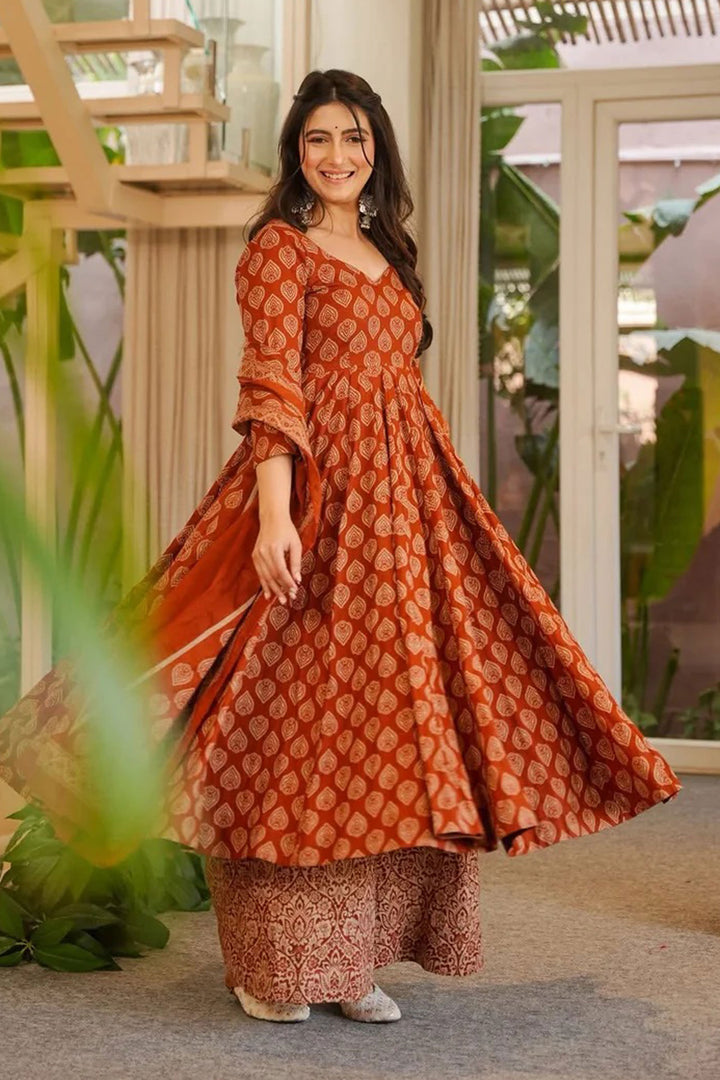 Rust Color Cotton Fabric Elegant Anarkali Style Readymade Salwar Suit | Buy Online India