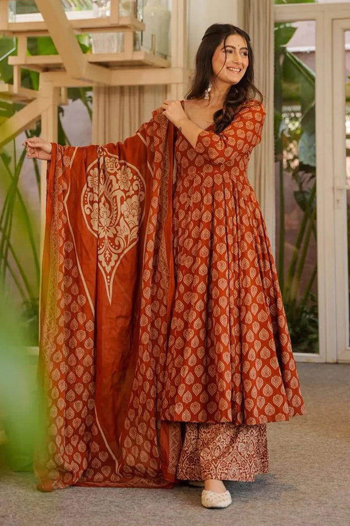 Rust Color Cotton Fabric Elegant Anarkali Style Readymade Salwar Suit | Buy Online India