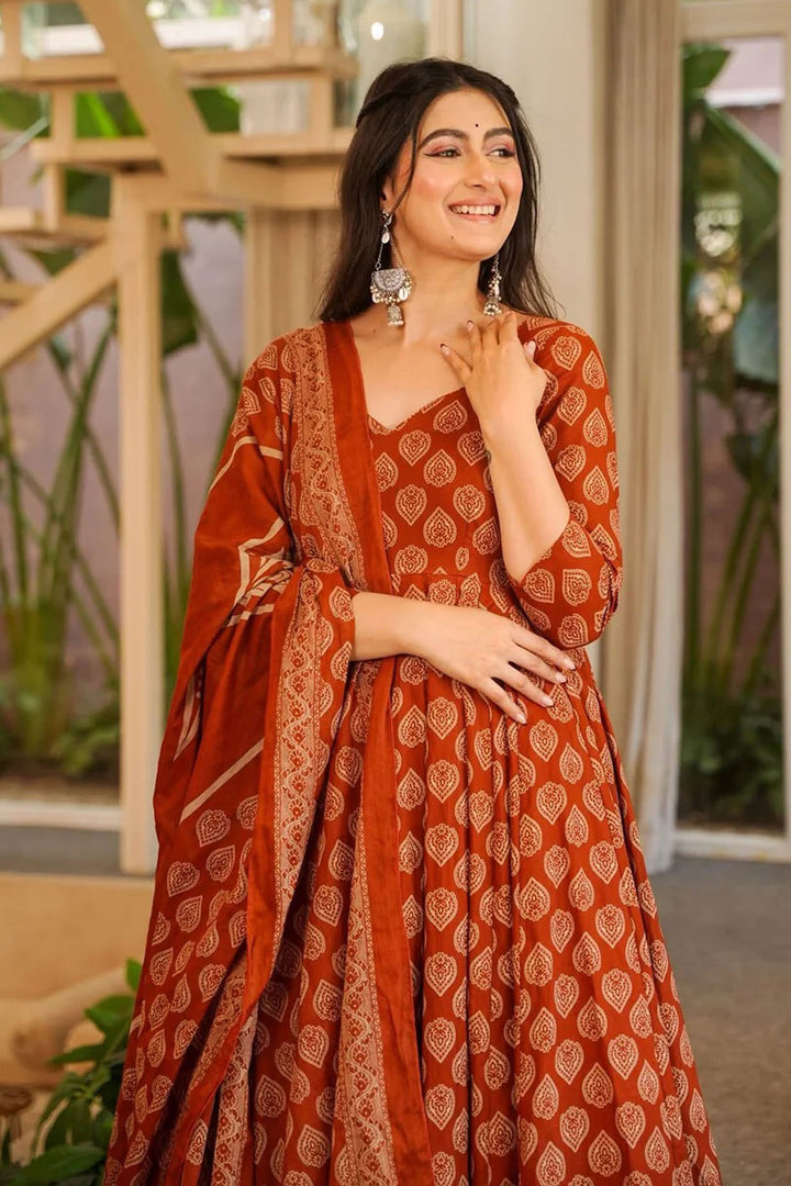 Rust Color Cotton Fabric Elegant Anarkali Style Readymade Salwar Suit | Buy Online India