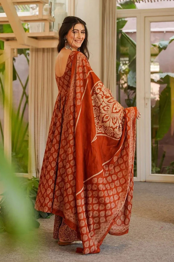 Rust Color Cotton Fabric Elegant Anarkali Style Readymade Salwar Suit | Buy Online India