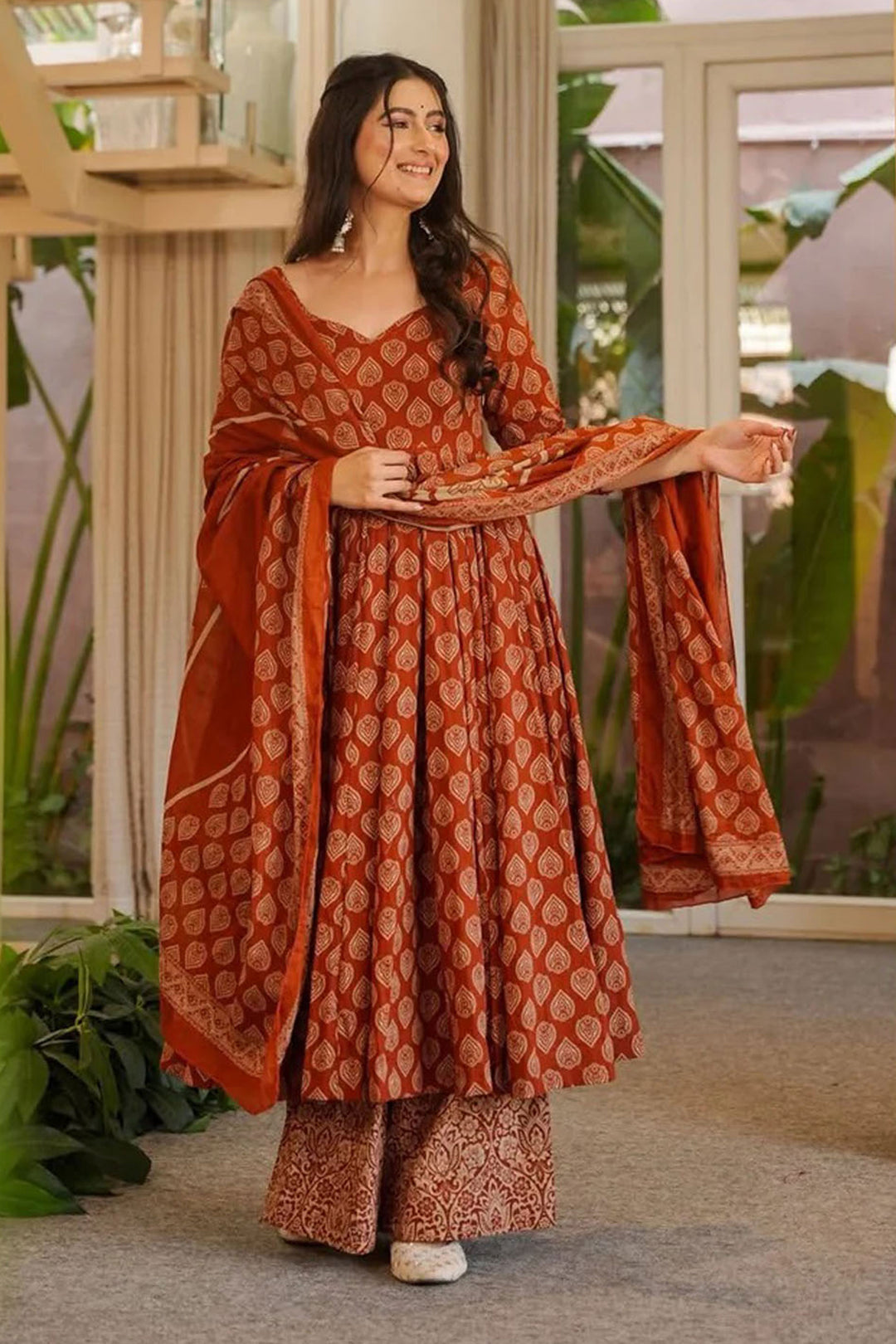 Rust Color Cotton Fabric Elegant Anarkali Style Readymade Salwar Suit | Buy Online India
