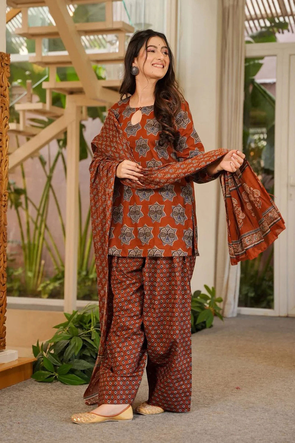 Rust Color Printed Work On Cotton Chic Readymade Salwar Suit | Buy Online India