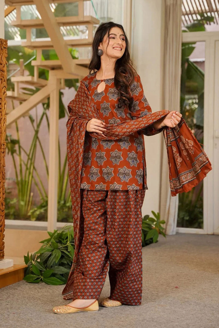 Rust Color Printed Work On Cotton Chic Readymade Salwar Suit | Buy Online India