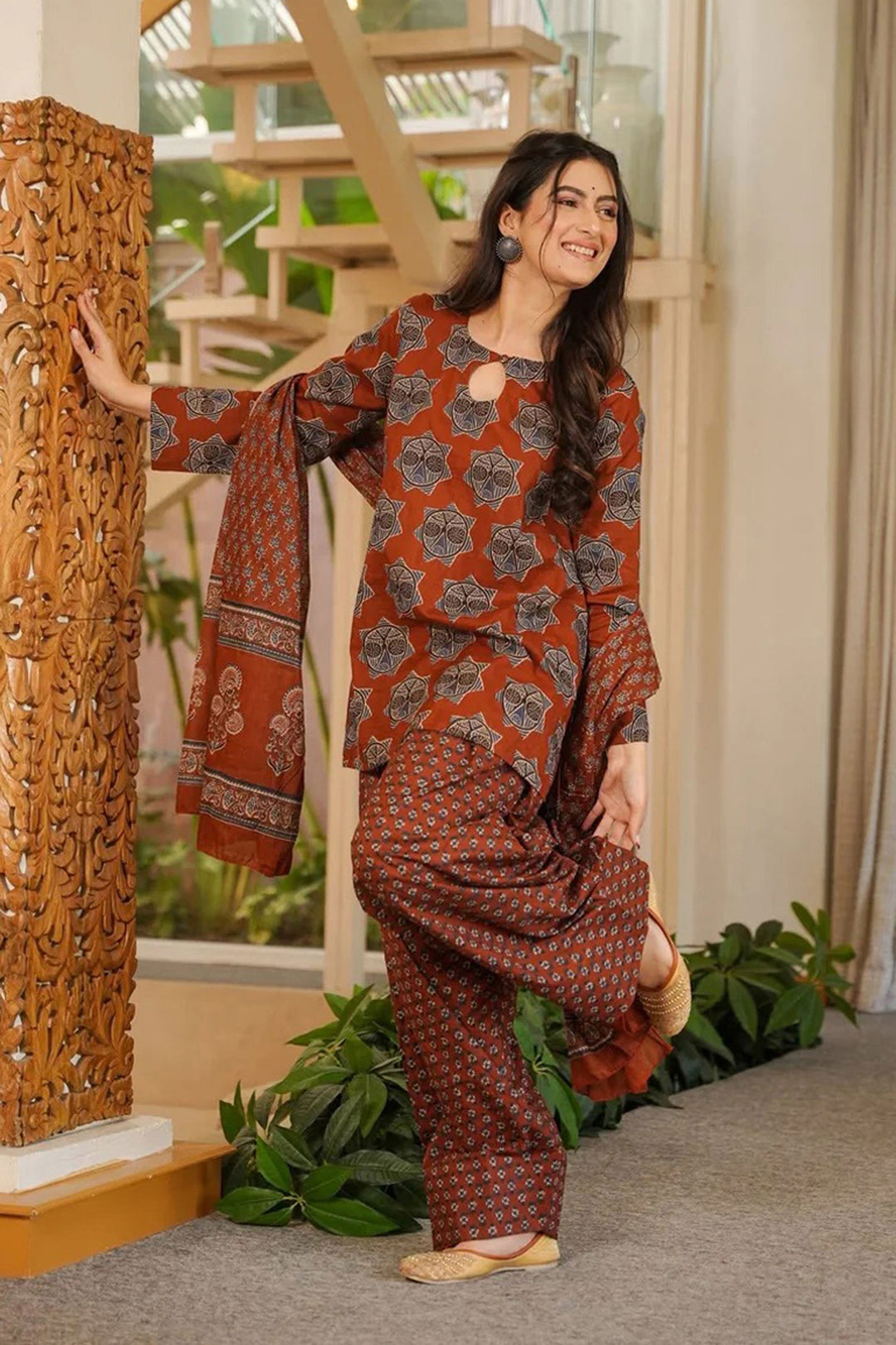 Rust Color Printed Work On Cotton Chic Readymade Salwar Suit | Buy Online India