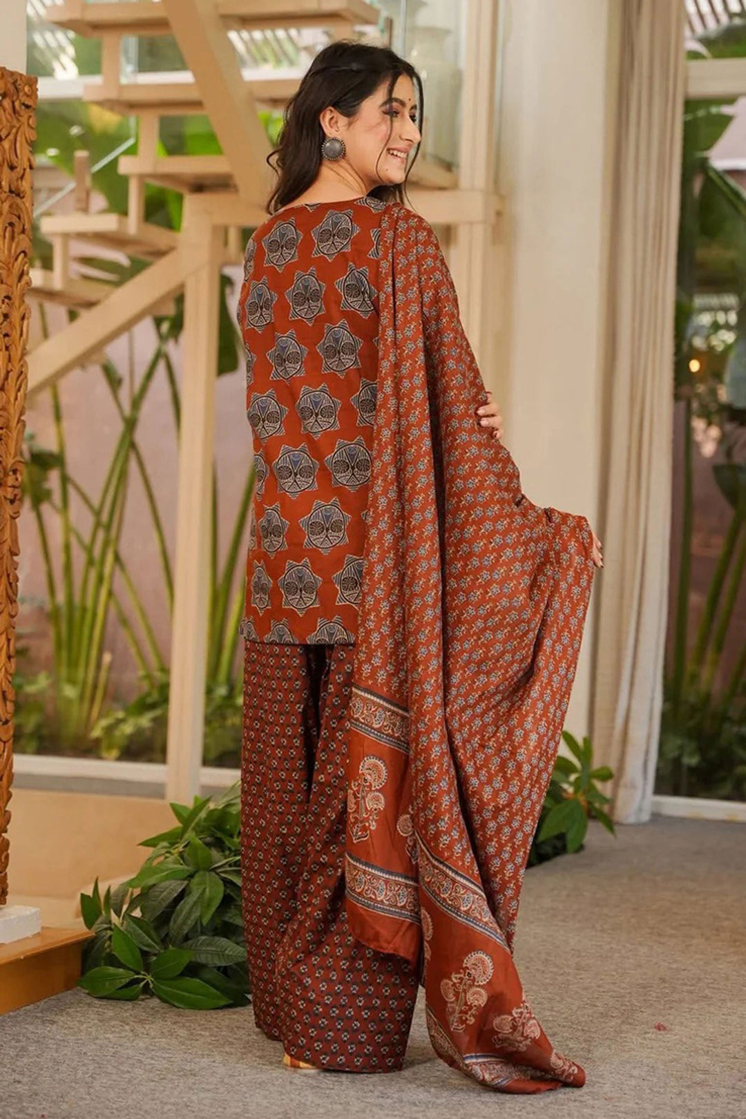 Rust Color Printed Work On Cotton Chic Readymade Salwar Suit | Buy Online India