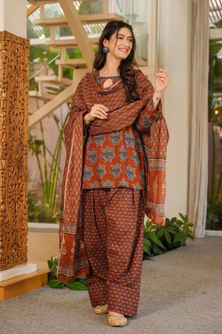 Rust Color Printed Work On Cotton Chic Readymade Salwar Suit | Buy Online India