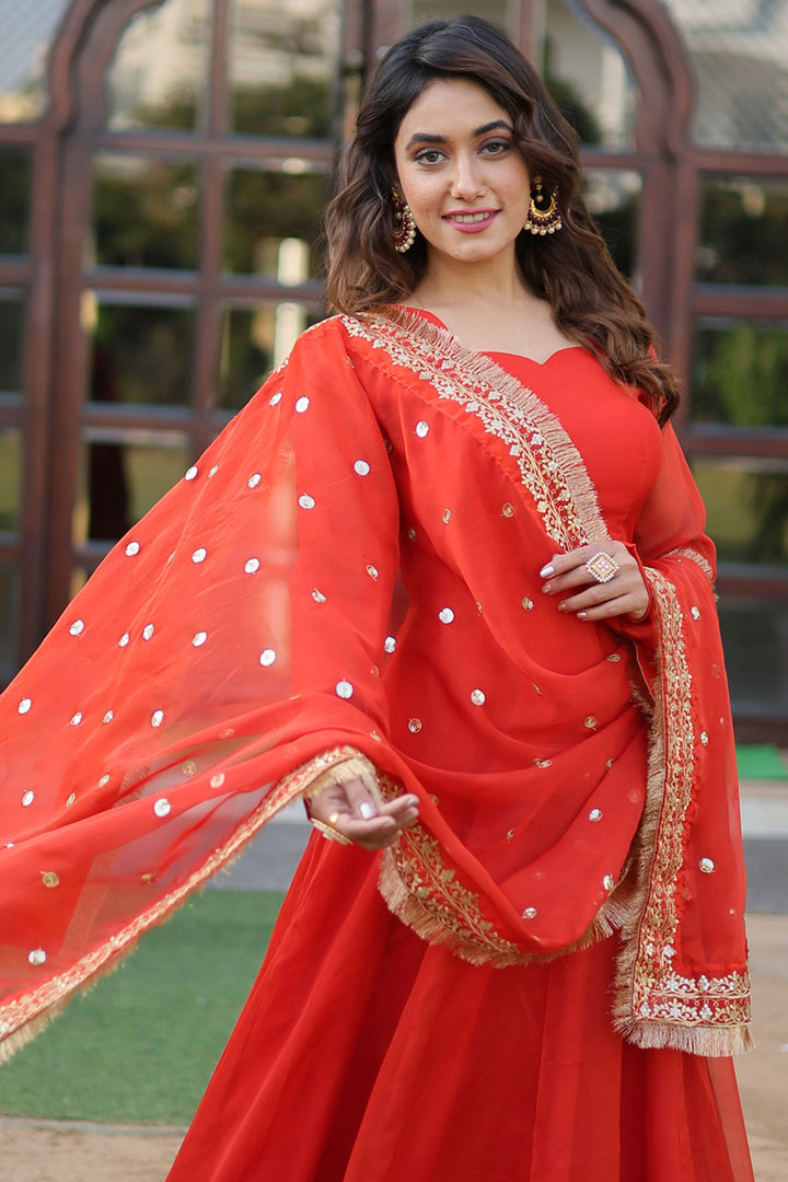 Orange Color Art Silk Fabric Admirable Readymade Gown With Sequins Work Dupatta | Buy Online India