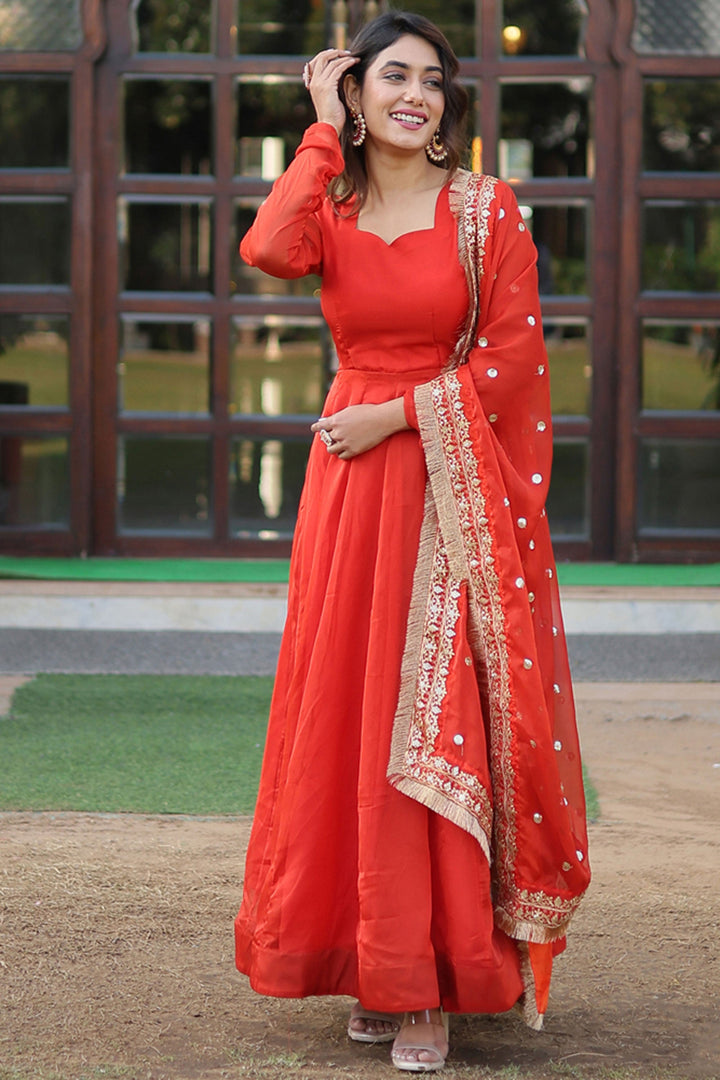 Orange Color Art Silk Fabric Admirable Readymade Gown With Sequins Work Dupatta | Buy Online India