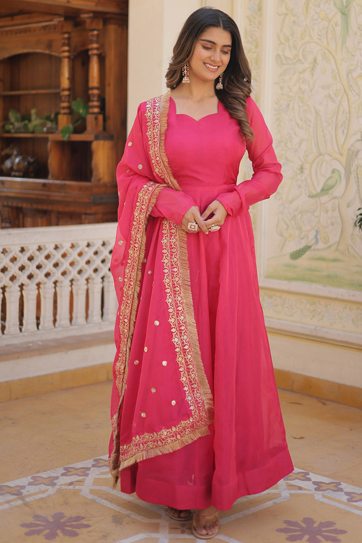 Art Silk Fabric Pink Color Stylish Readymade Gown With Sequins Work Dupatta | Buy Online India