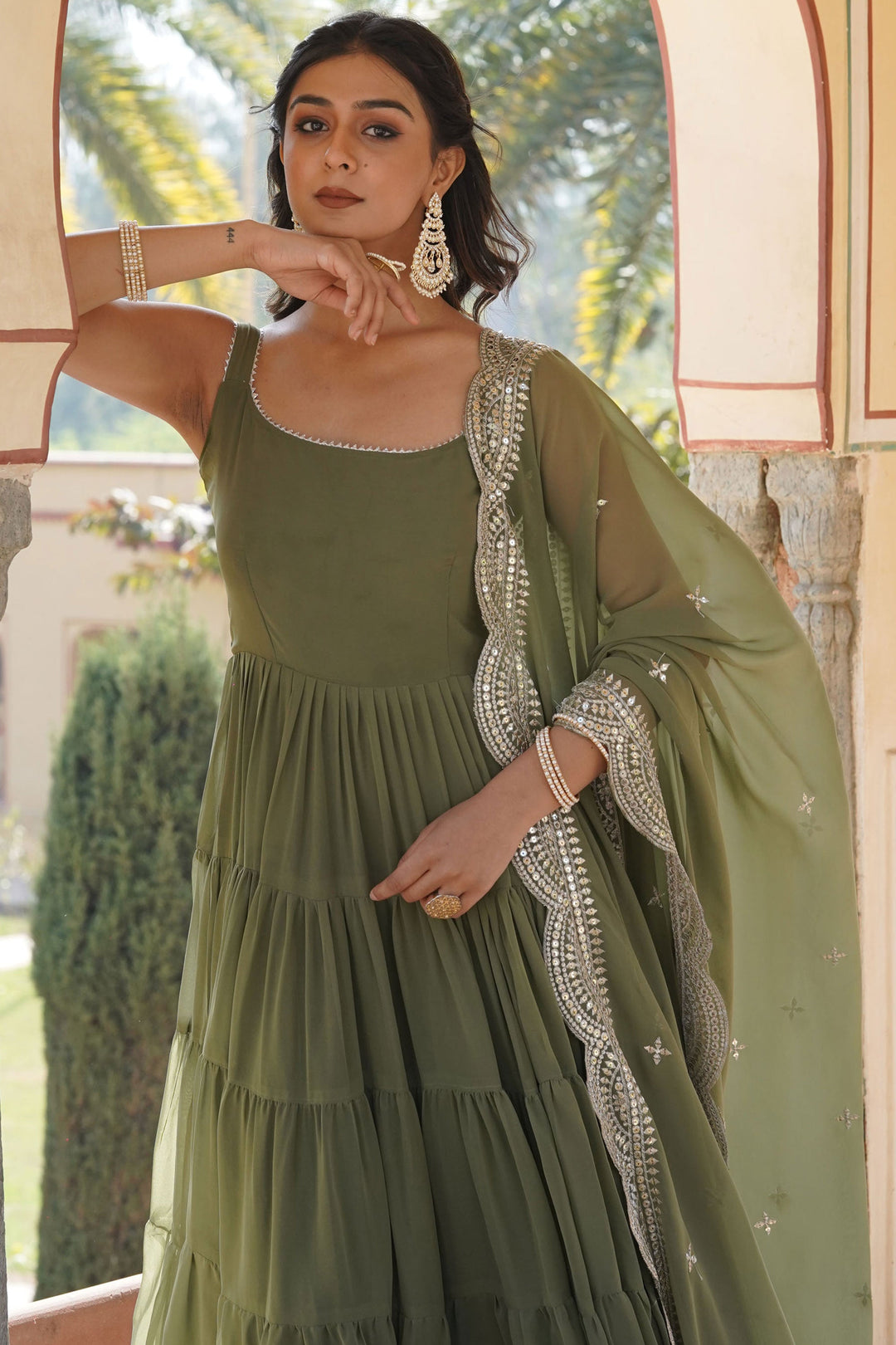 Function Wear Green Color Glorious Readymade Gown With Dupatta In Geor –  Simple Sarees