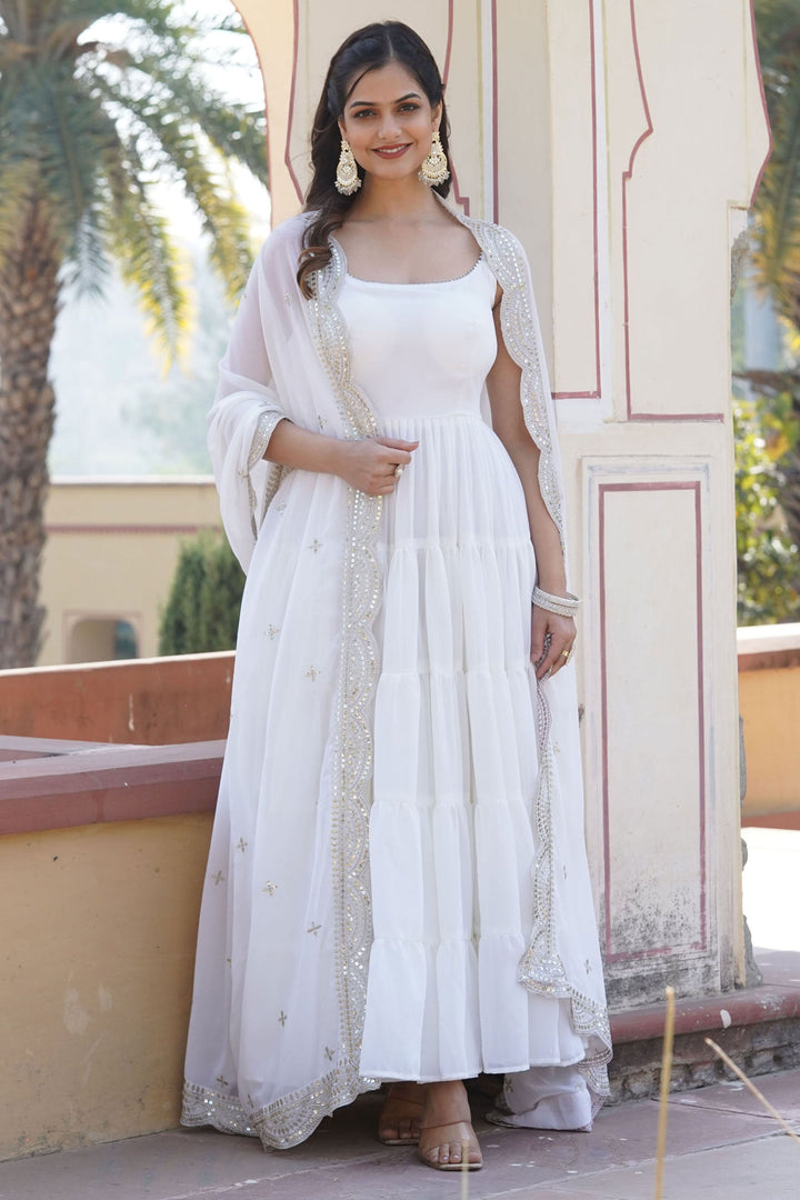 Georgette Fabric Function Wear Luminous Readymade Gown With Dupatta In White Color | Buy Online India
