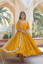 Load image into Gallery viewer, Georgette Fabric Function Wear Charismatic Readymade Gown With Dupatta In Yellow Color
