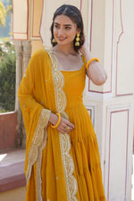 Load image into Gallery viewer, Georgette Fabric Function Wear Charismatic Readymade Gown With Dupatta In Yellow Color

