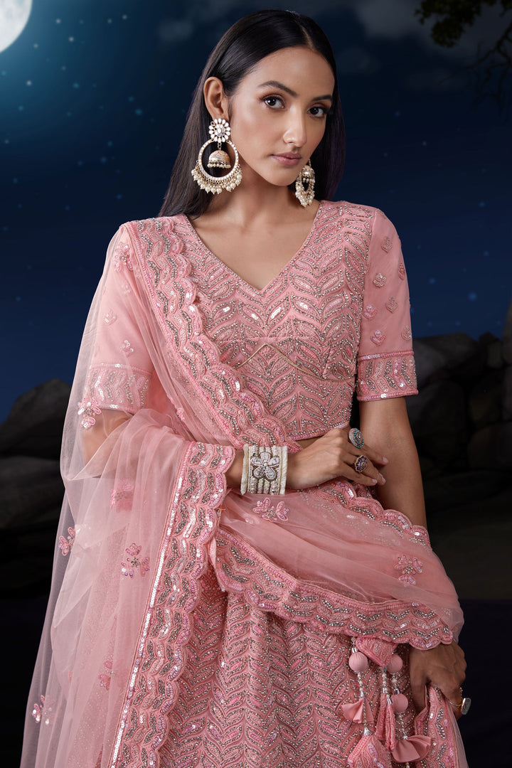 Embellished Wedding Wear Pink Color Sequins Work Net Fabric Bridal Lehenga