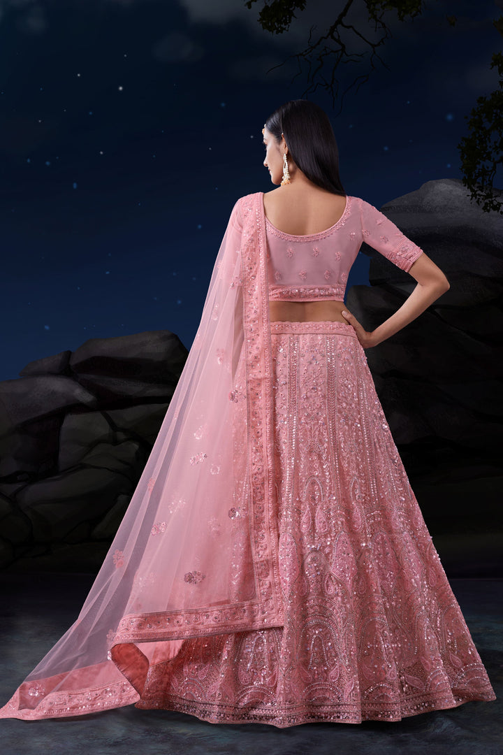 Fashionable Wedding Wear Pink Color Sequins Work Net Fabric Bridal Lehenga