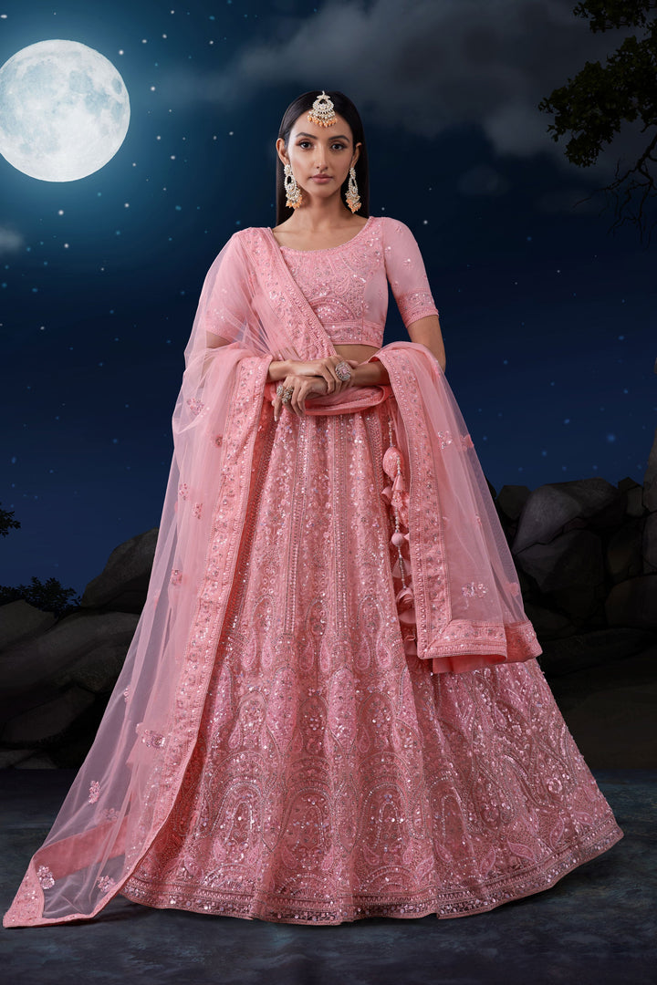 Fashionable Wedding Wear Pink Color Sequins Work Net Fabric Bridal Lehenga