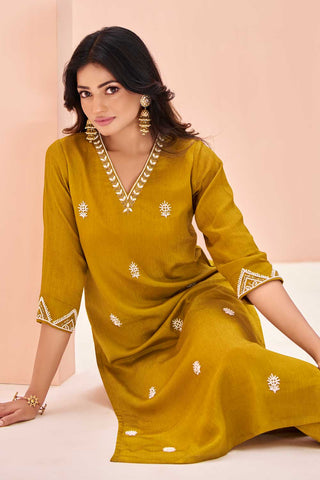 Mustard Color Chinon Fabric Beatific Kurti With Bottom