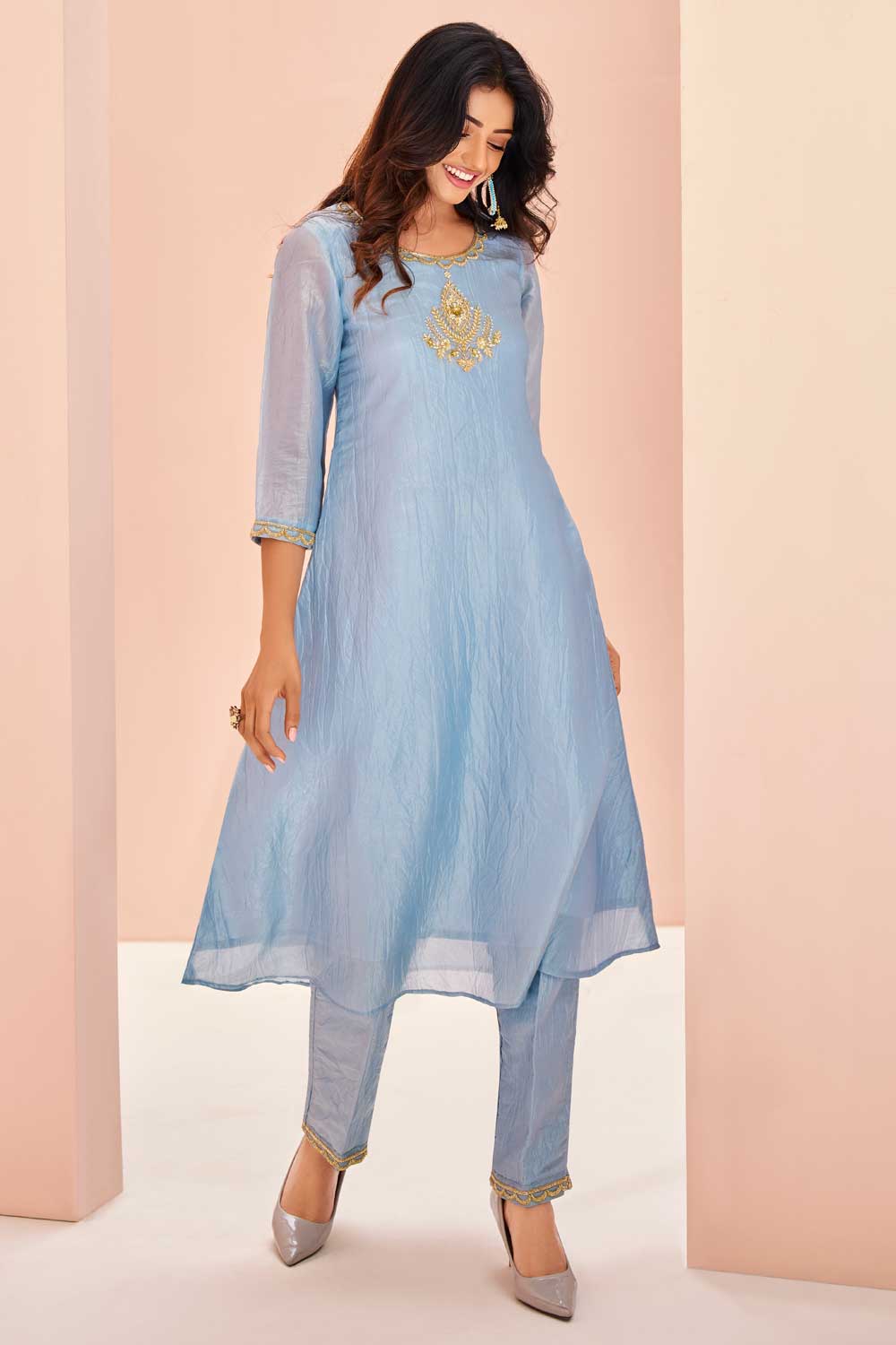 Incredible Organza Fabric Light Cyan Color Kurti With Bottom