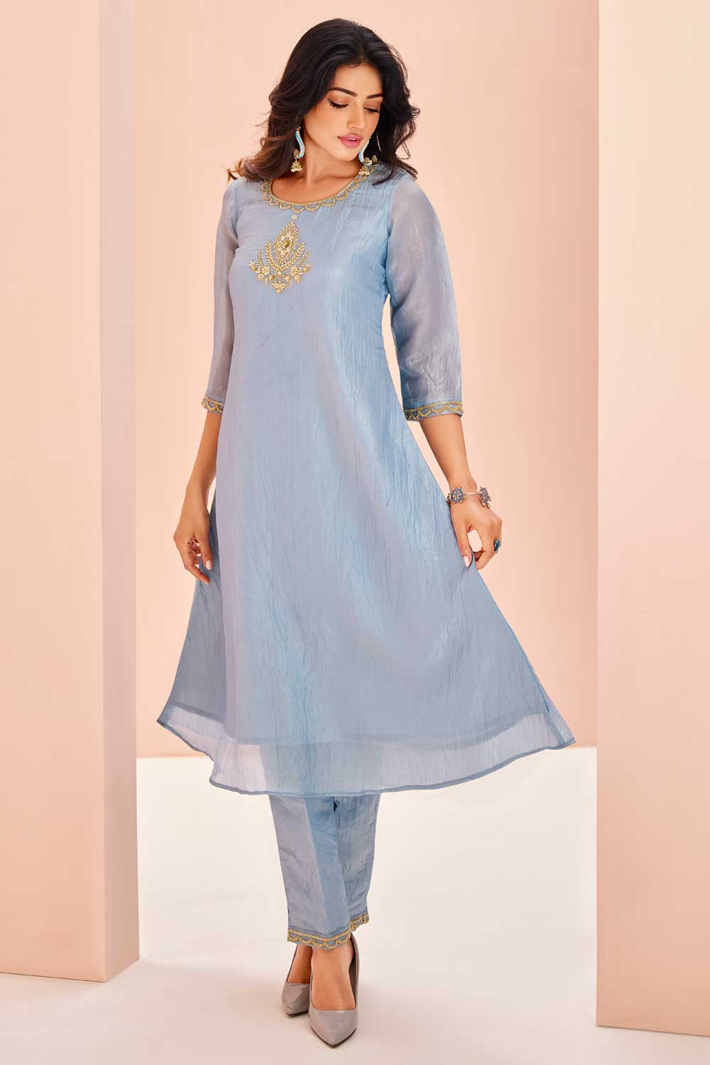 Incredible Organza Fabric Light Cyan Color Kurti With Bottom