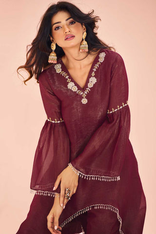 Engaging Maroon Color Organza Fabric Kurti With Bottom