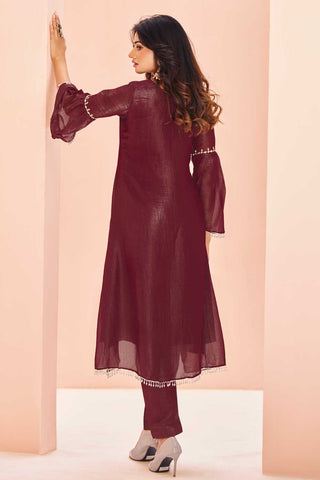 Engaging Maroon Color Organza Fabric Kurti With Bottom