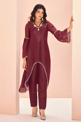 Engaging Maroon Color Organza Fabric Kurti With Bottom