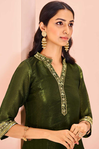 Classic Olive Color Kurti With Bottom In Organza Fabric