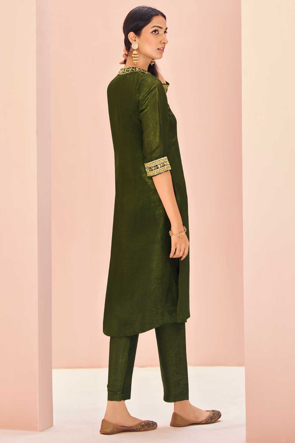 Classic Olive Color Kurti With Bottom In Organza Fabric