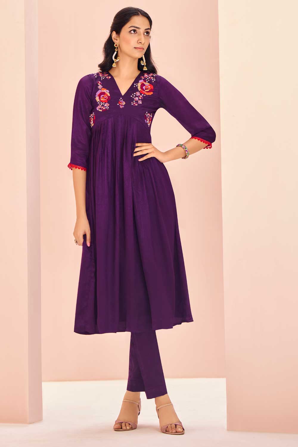 Creative Kurti With Bottom In Wine Color Chinon Fabric