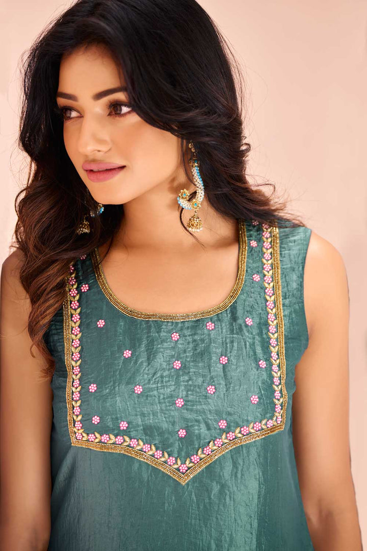Marvellous Organza Fabric Kurti With Bottom In Sky Blue Color