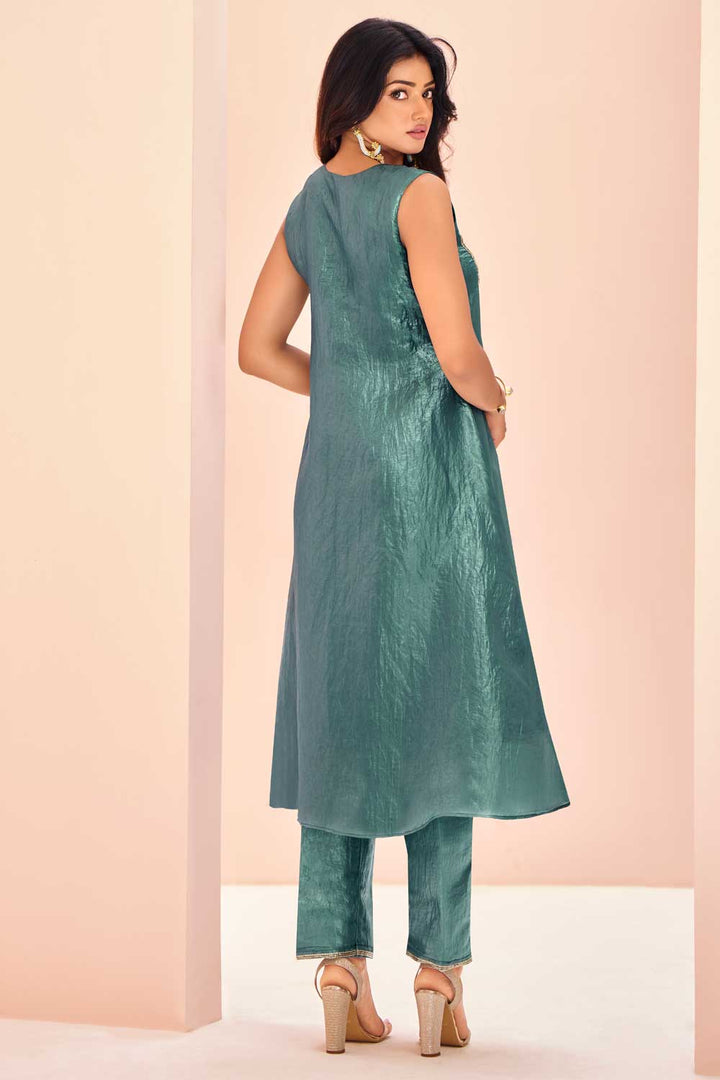 Marvellous Organza Fabric Kurti With Bottom In Sky Blue Color