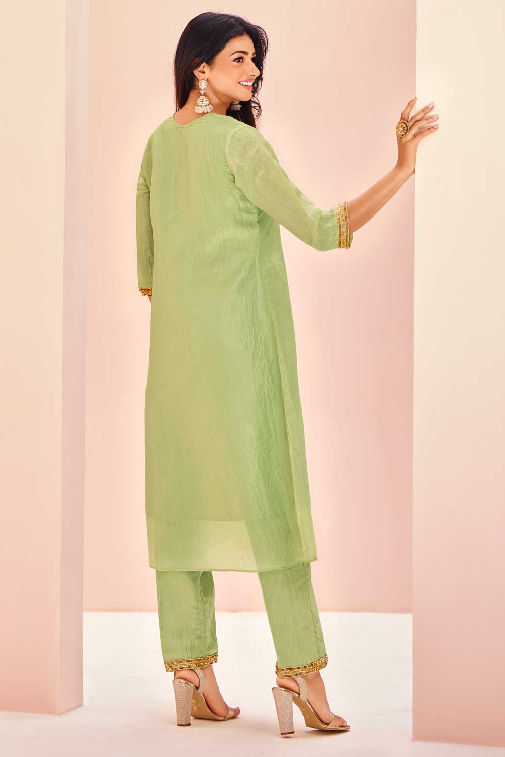 Amazing Sea Green Color Organza Fabric Kurti With Bottom