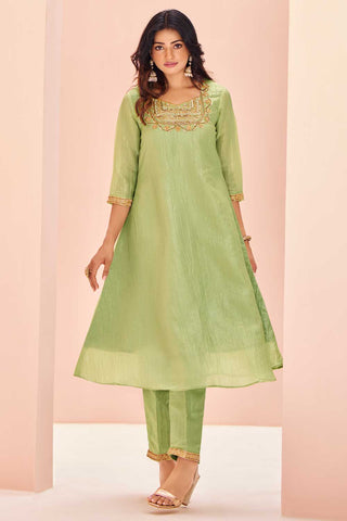 Amazing Sea Green Color Organza Fabric Kurti With Bottom