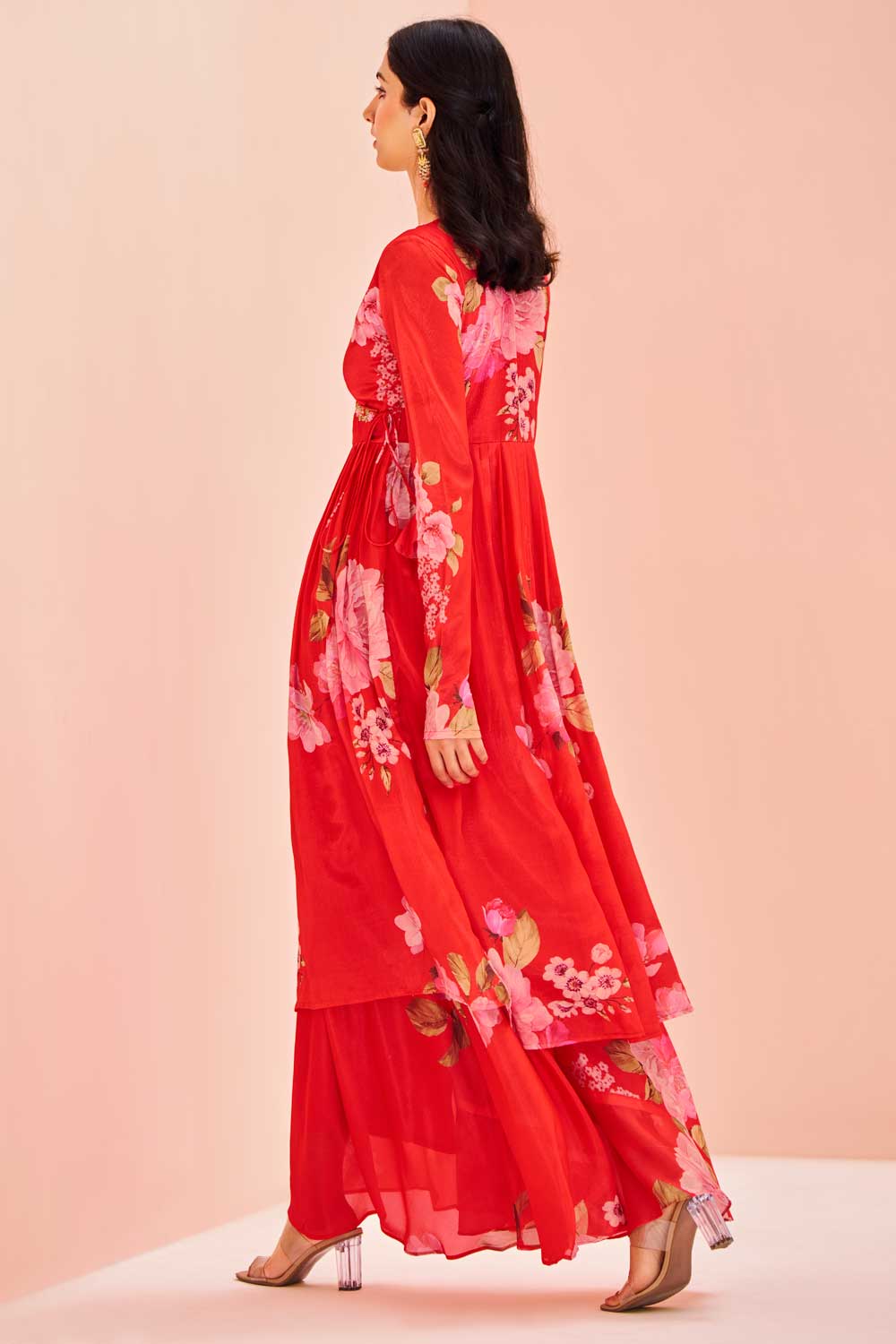 Sober Red Color Chinon Fabric Kurti With Bottom