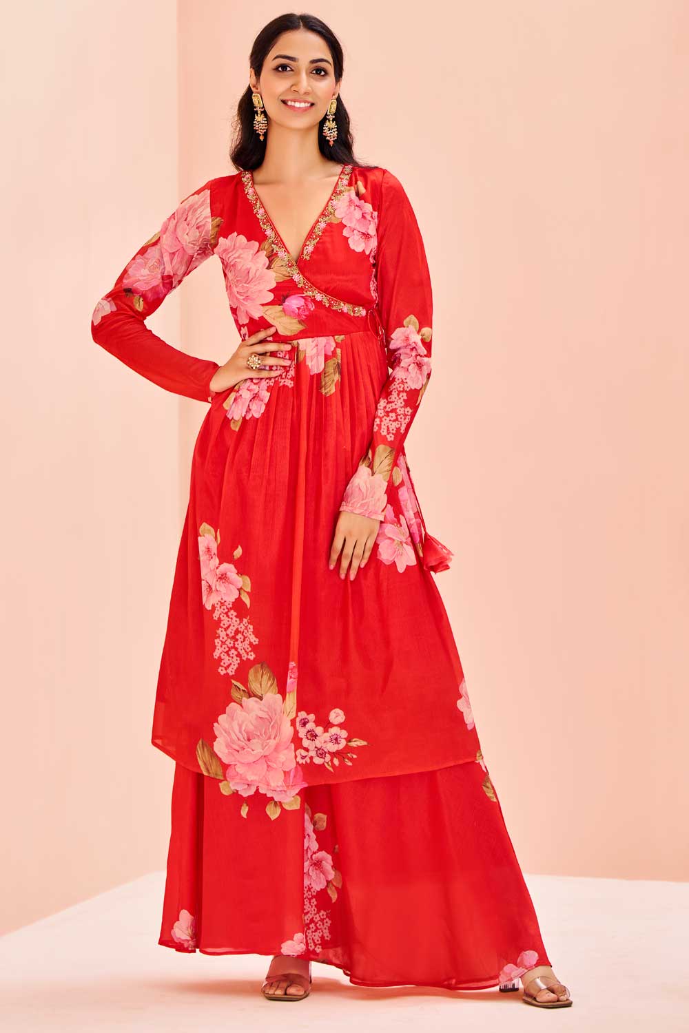 Sober Red Color Chinon Fabric Kurti With Bottom